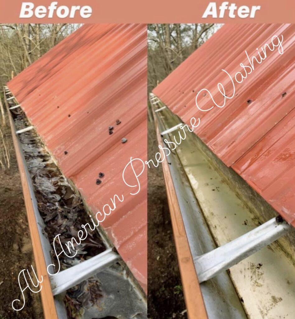 gutter attached to a red, tin roof that have been professionally cleaned - before and after