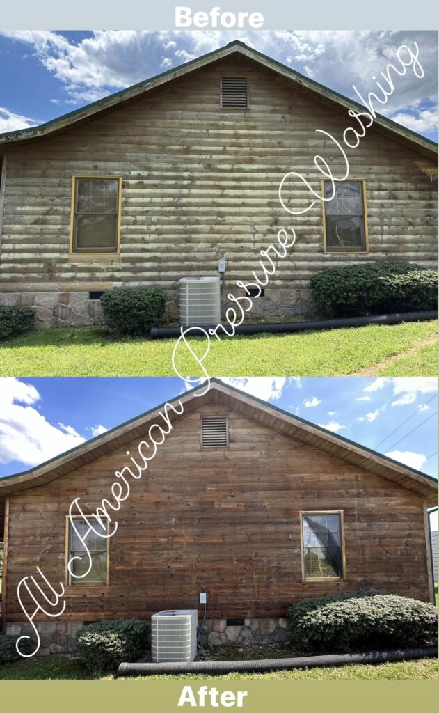The side of an older wooden house that has been revitalized by professional pressure washing