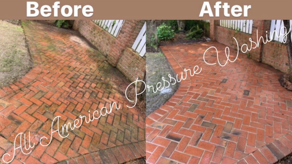 a brick walkway that has been pressure washed, before and after