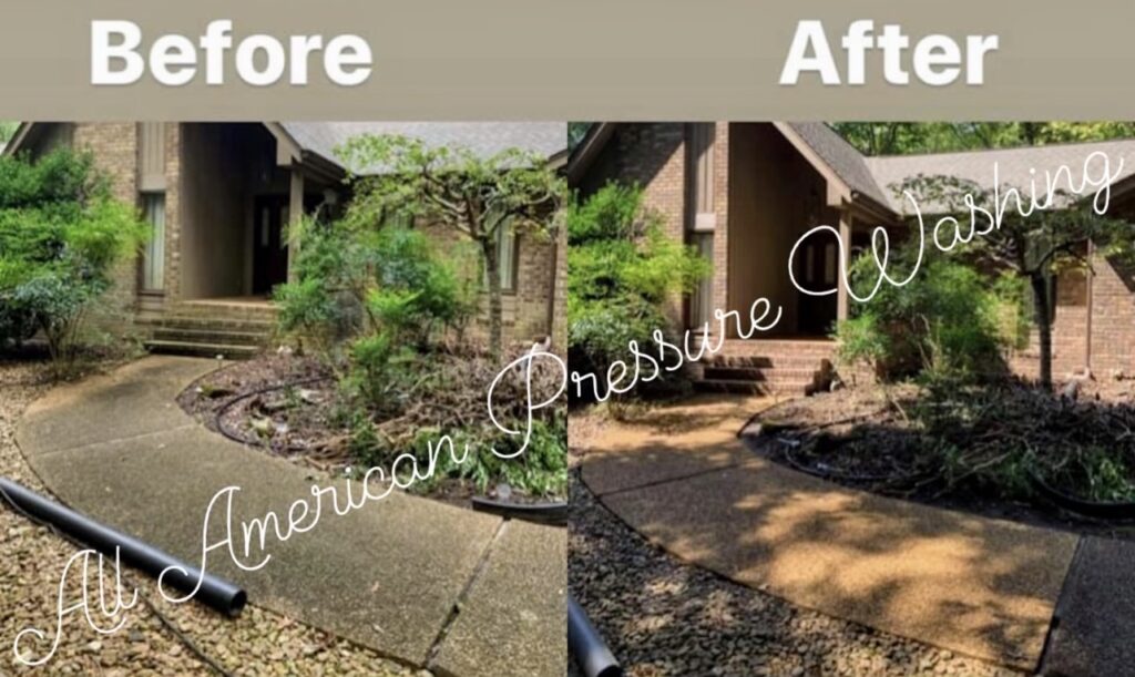 a before and after shot of a walkway that was pressure washed. it looks fantastic afterwards.