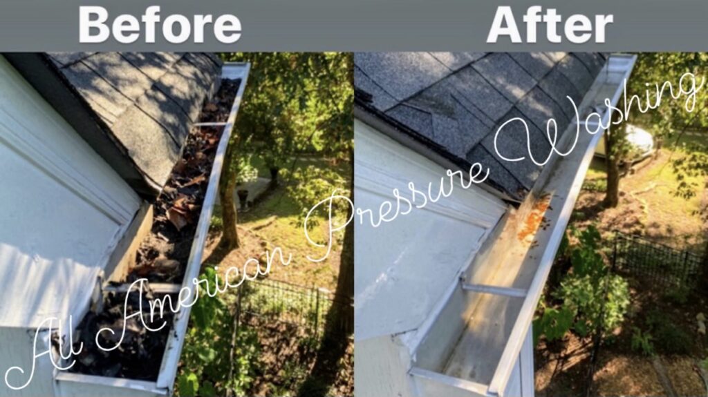A gutter on a house before and after being professionally cleaned