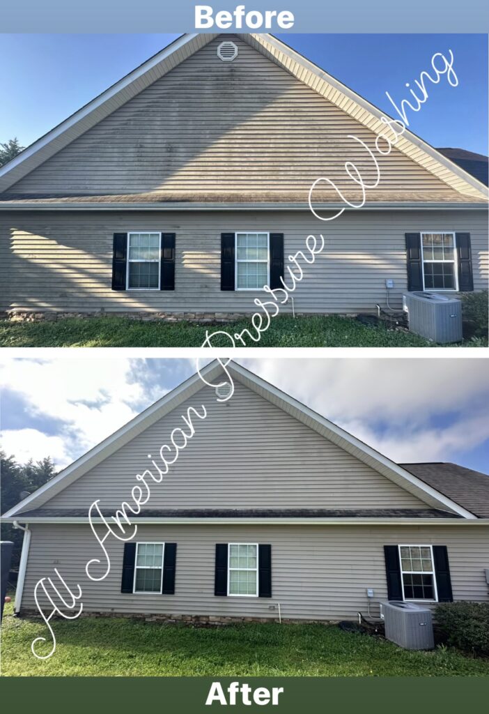 a before and after shot of a house that was pressure washed. it was dirty before and clean after