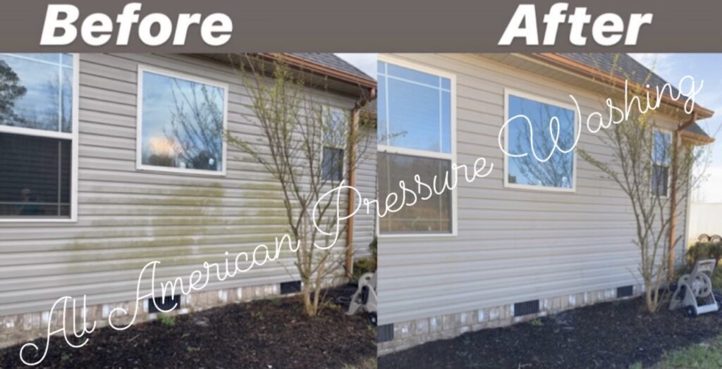 a house with vinyl siding that has been pressure washed, before and after