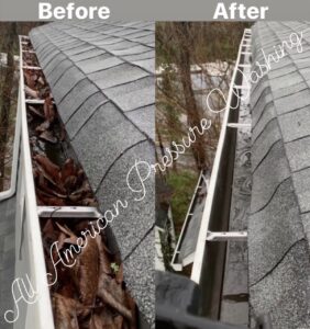 gutters that were full of leaves and debris, before and after a professional gutter cleaning