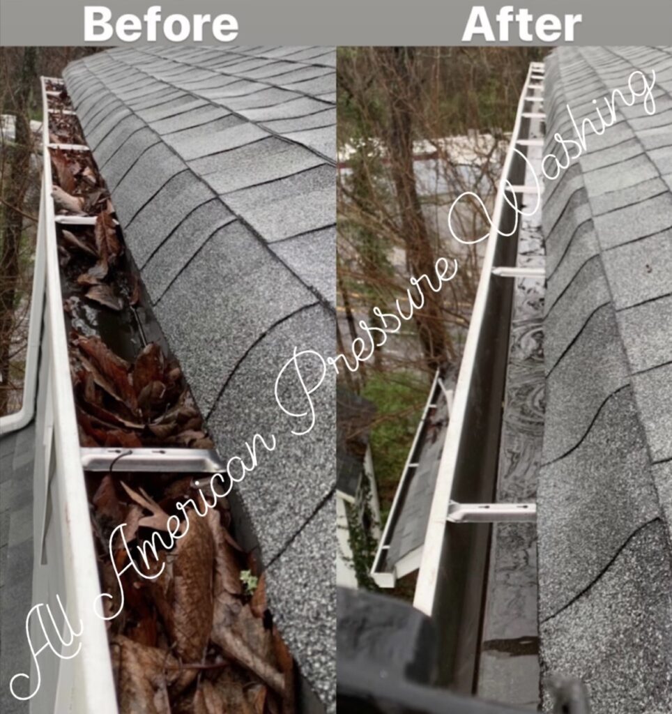 gutters that were full of leaves and debris, before and after a professional gutter cleaning