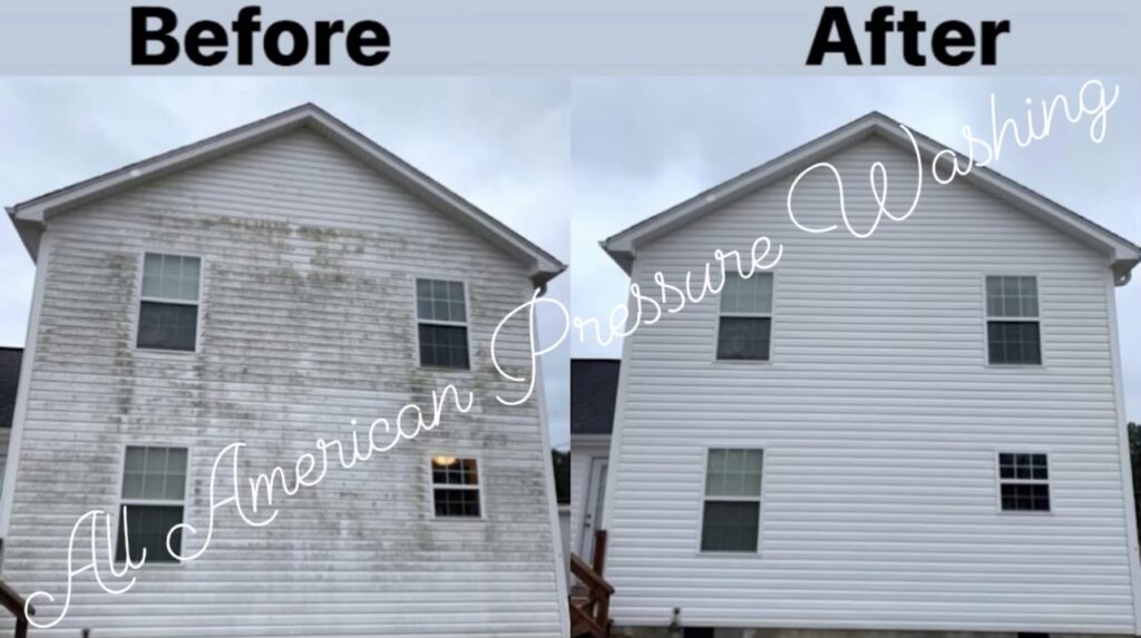 A two story white house that has been pressure washed, before and after.