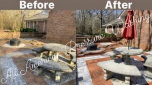 a before and after of a stone courtyard that was pressure washed