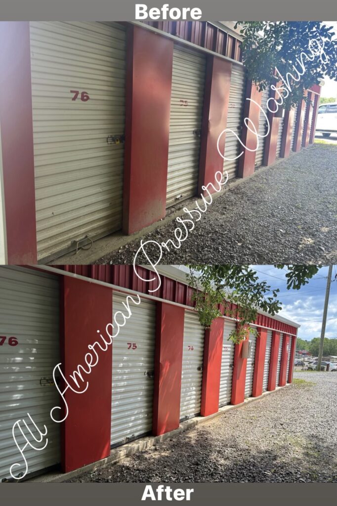 a series of red and white storage units that have been pressure washed, before and after