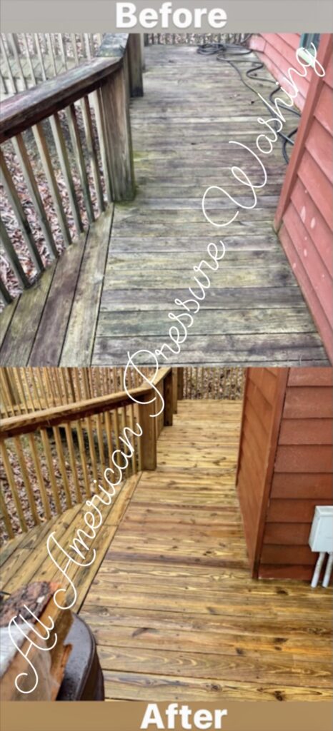 a wooden deck that has been pressure washed, before and after