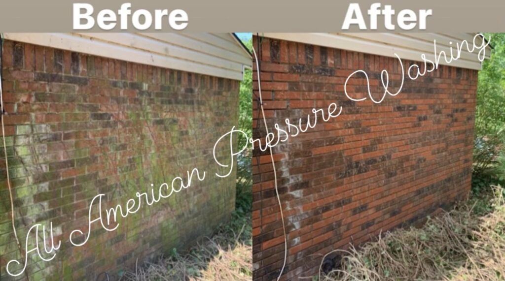 The side of a brick house that has been pressure washed, before and after.