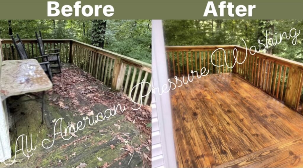 a before and after shot of a very dirty wooden deck that was pressure washed. it looks good as new in the second picture