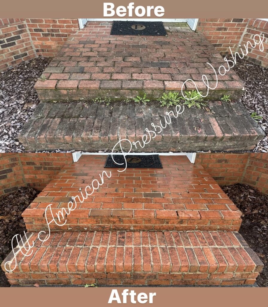 a set of brick steps that have been pressure washed, before and after