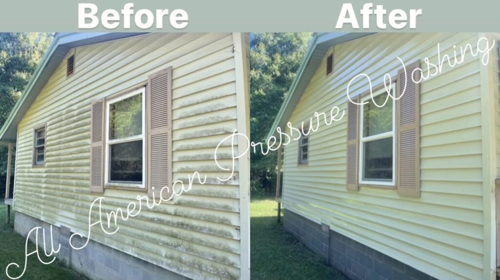 a before and after of the side of a house that was pressure washed