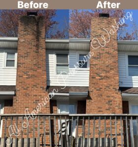 A brick chimney that has been expertly pressure washed - before and after