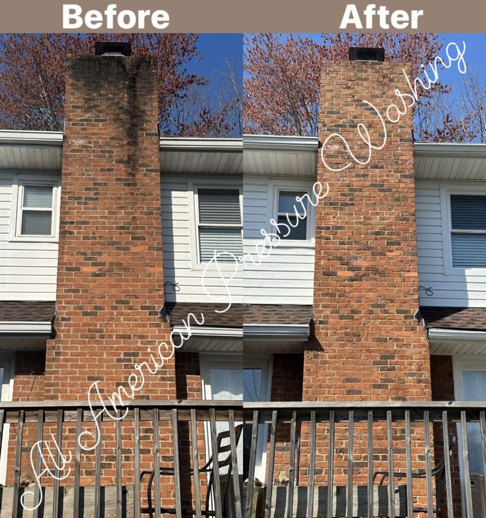 A brick chimney that has been expertly pressure washed - before and after